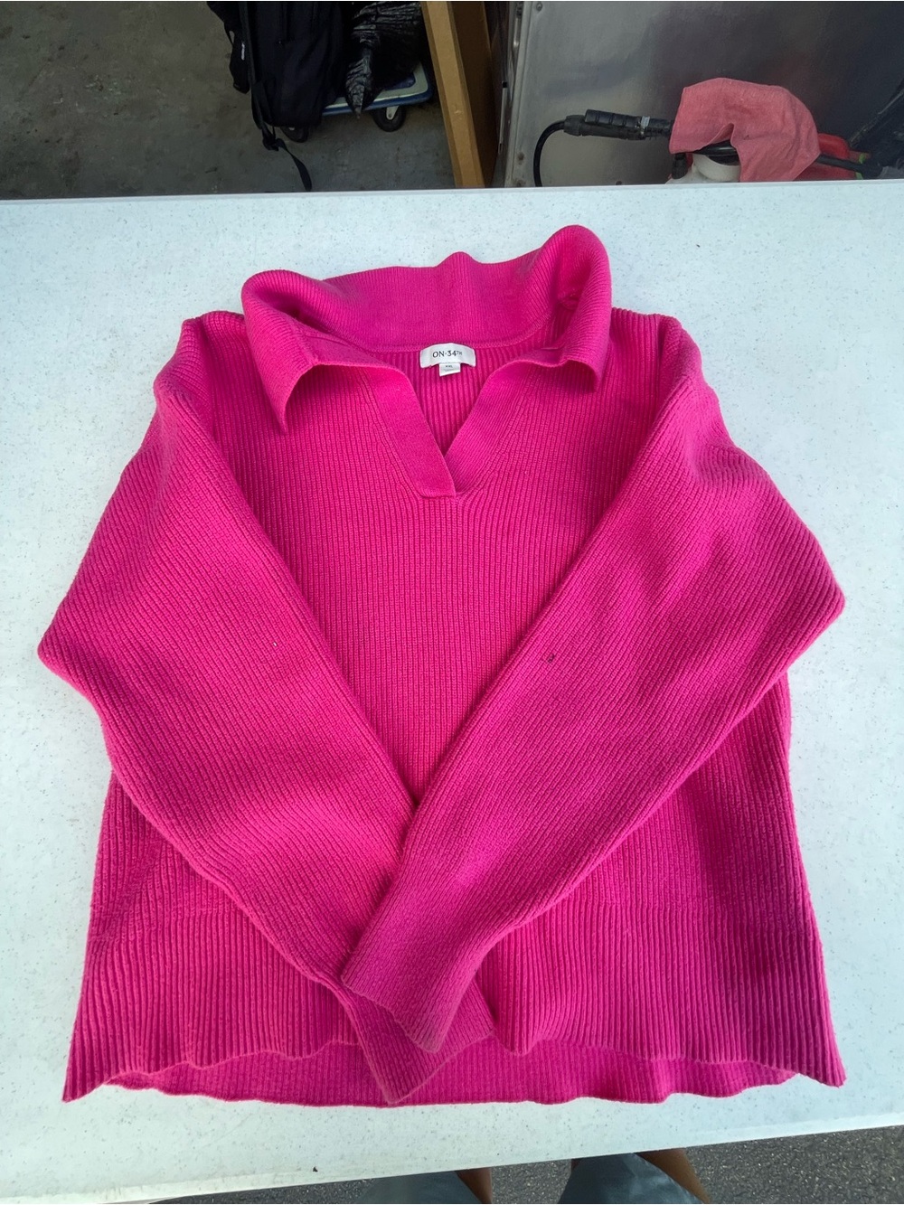 Hot Pink Ribbed Collared Women's Sweater